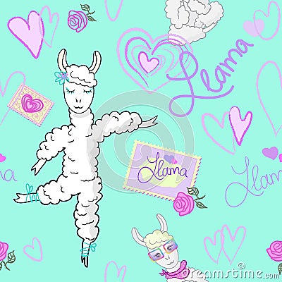 SEAMLESS PATTERN WIHT LLAMA AND HEARTS Vector Illustration